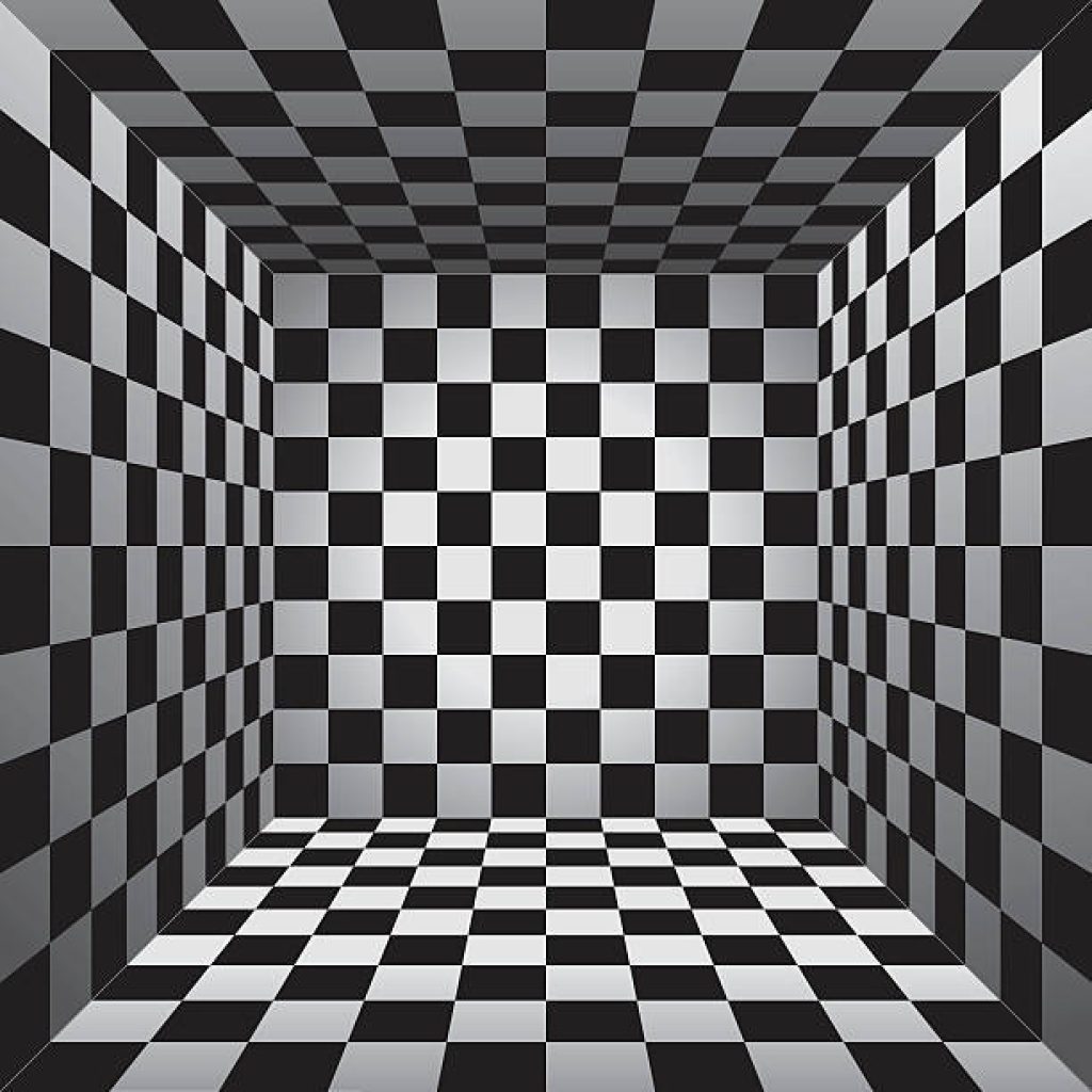 3D checkered room wallpaper with black and white squares and immersive geometric depth effect