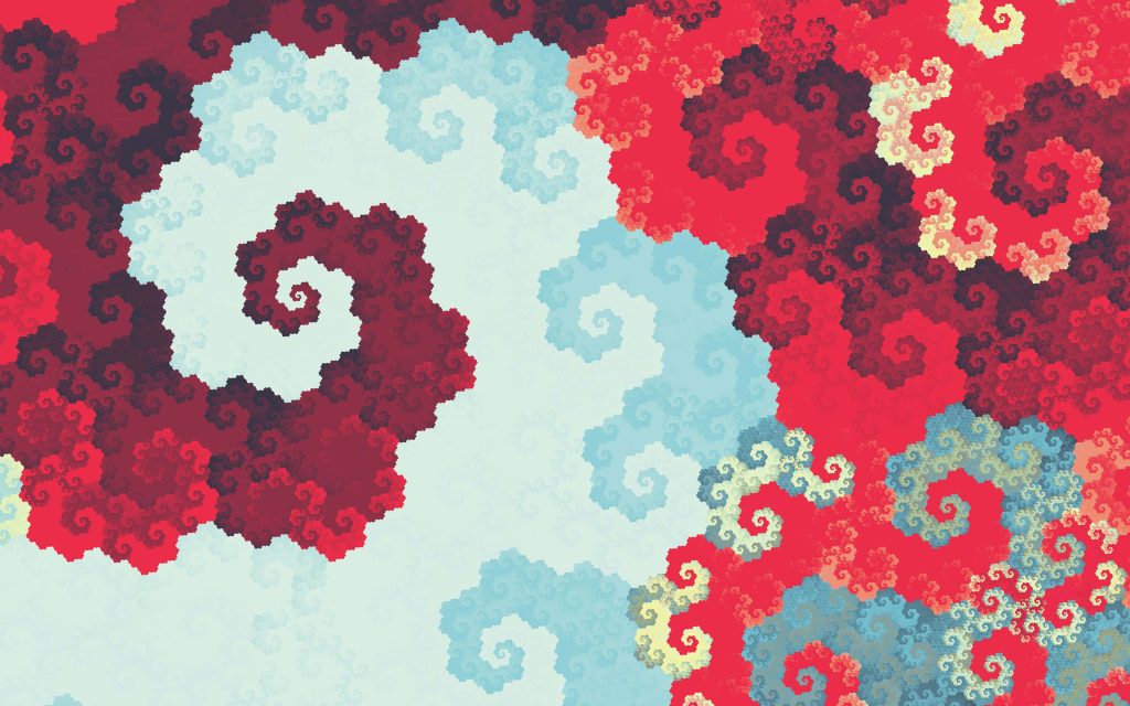 Hypnotic fractal swirl wallpaper with deep red blue and cream abstract interlocking patterns