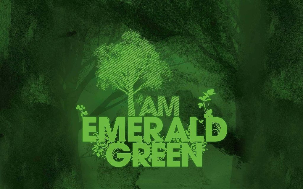 Graphic wallpaper with I AM EMERALD GREEN text and stylized tree in monochromatic forest green