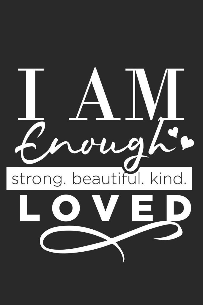 Minimalist digital wallpaper with I AM Enough affirmation in white on dark gray background for motivation