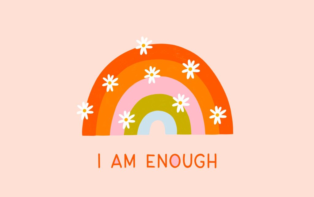Retro rainbow with white daisies and I AM ENOUGH text on soft peachy pink boho background Wallpaper