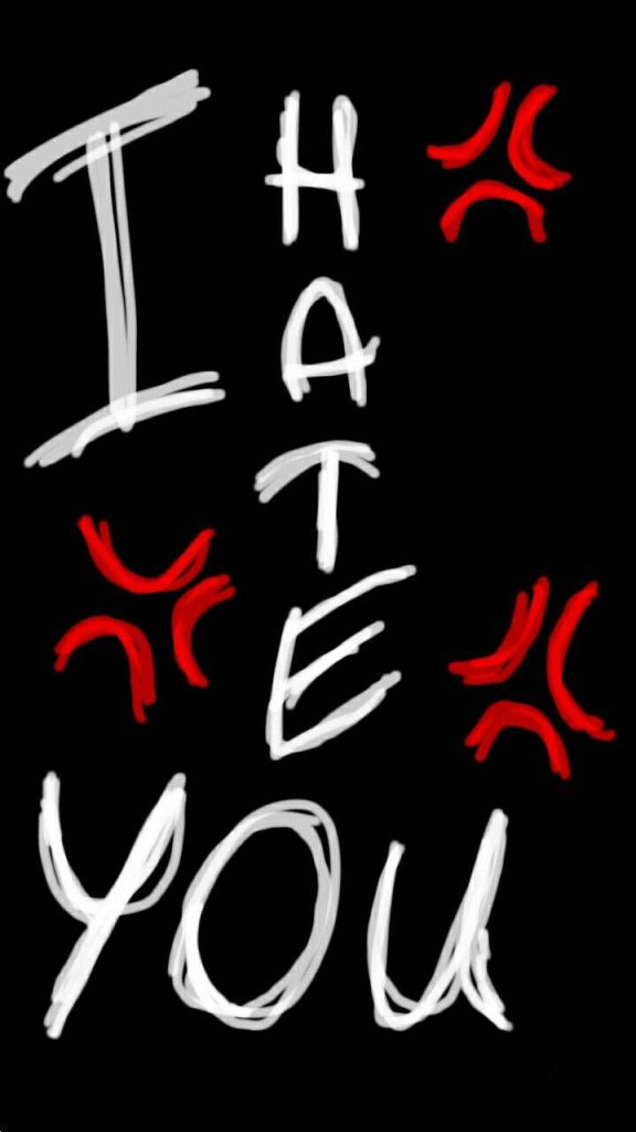 Angry digital art with white scribbled I HATE YOU text red anime veins black background wallpaper