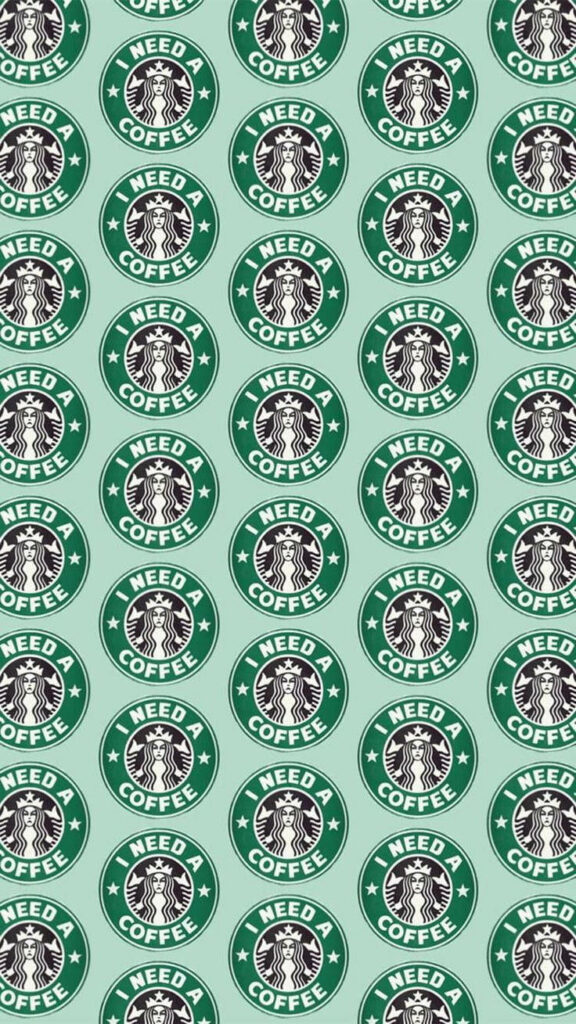 iPhone wallpaper with repeating Starbucks logo and I Need Coffee text on pastel green background