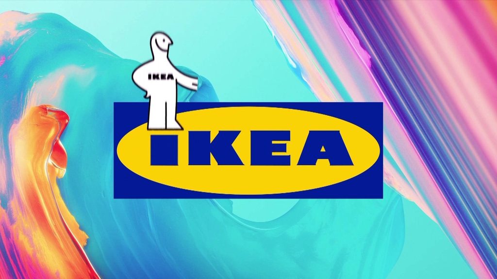 IKEA logo and stick figure mascot on vibrant swirling colorful abstract digital wallpaper background