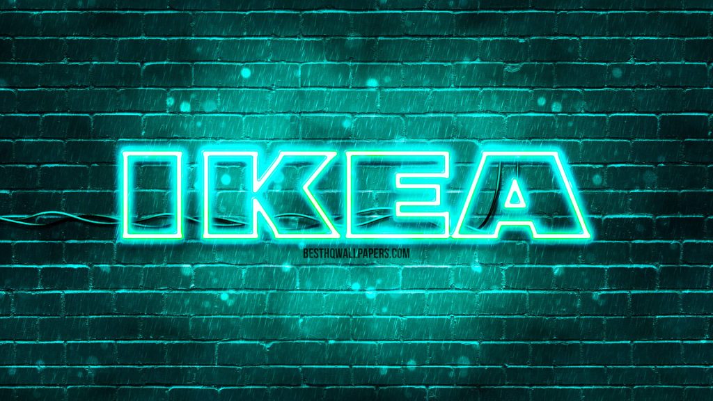 IKEA logo glowing turquoise neon sign on dark textured brick wall modern industrial wallpaper