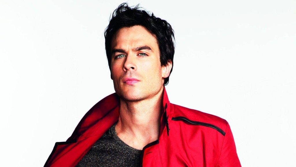 Ian Somerhalder intense gaze portrait in red jacket gray sweater on white background wallpaper