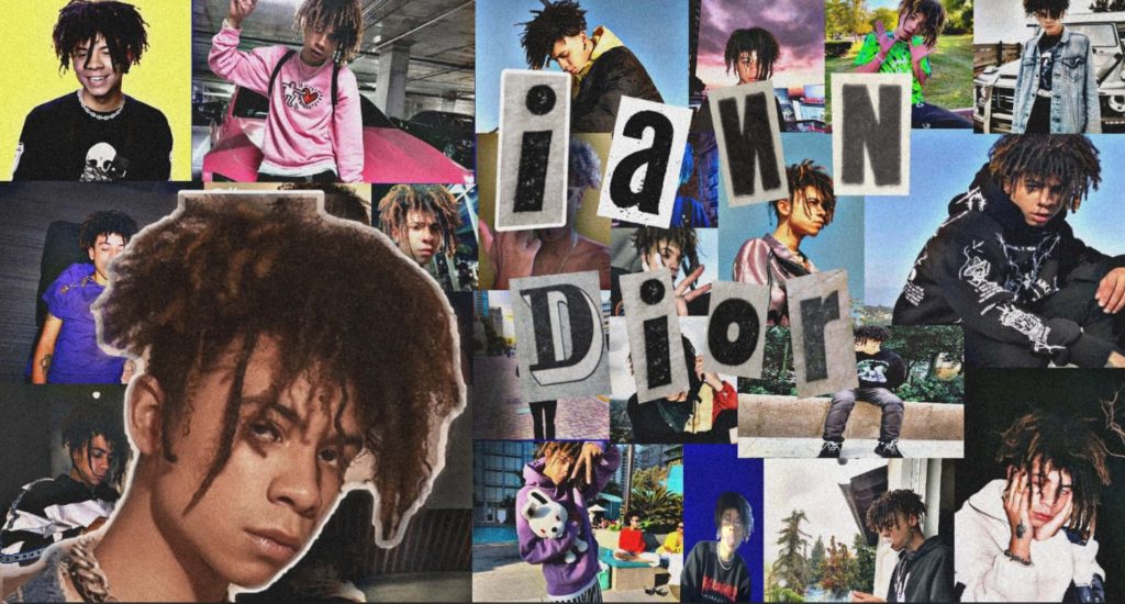 Iann Dior collage wallpaper with rapper photos trendy outfits urban settings ransom-note font