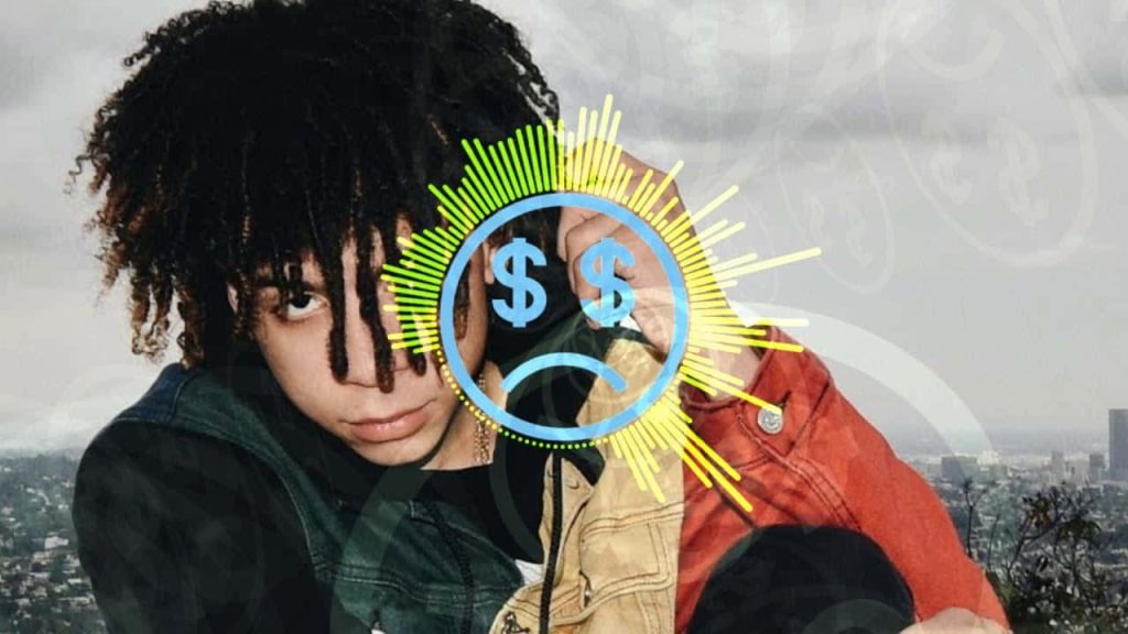Iann Dior portrait with city skyline sad money emoji and colorful circular audio visualizer wallpaper