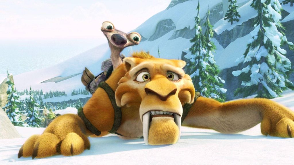Ice Age 3D wallpaper Sid the Sloth riding Diego saber-toothed tiger snowy mountain background