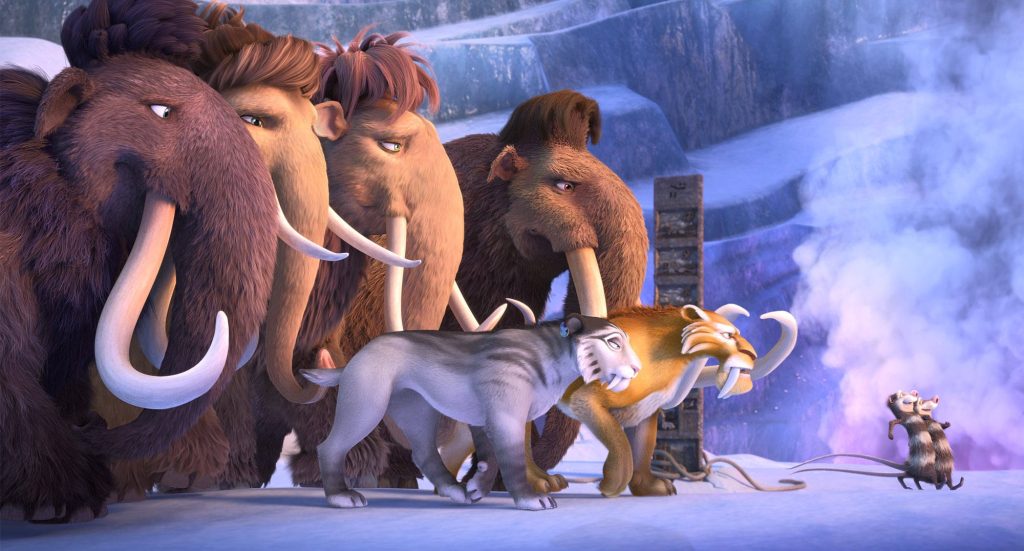 Ice Age Collision Course herd with tigers and opossums near glowing portal in snowy CGI landscape Wallpaper