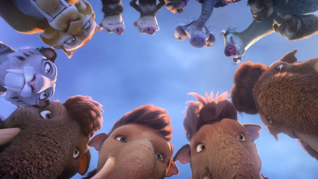 Ice Age Collision Course 3D CGI characters Manny Ellie Sid Diego Peaches huddle bright sky wallpaper