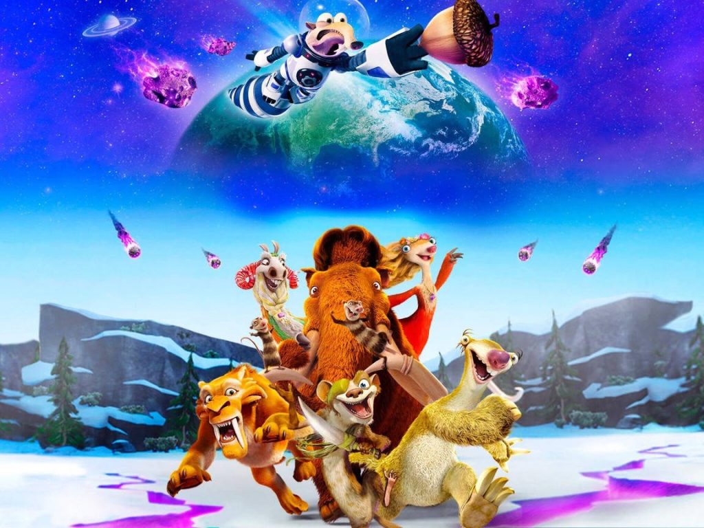 Ice Age Collision Course 3D wallpaper with Manny Sid Diego snowy asteroid shower Scrat space acorn