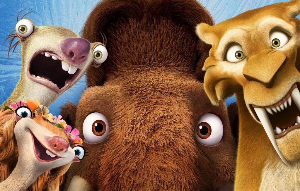 3D CGI wallpaper of Ice Age Collision Course featuring Manny Sid Diego and Peaches on icy blue background