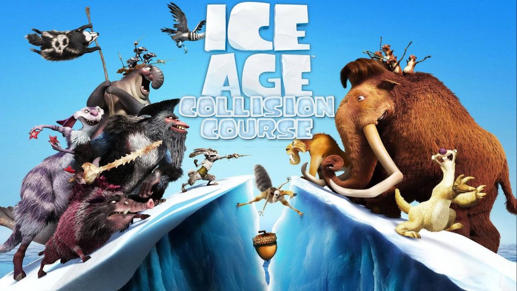 Ice Age Collision Course 3D CGI wallpaper Manny Sid Buck standoff Scrat leaps for acorn blue background