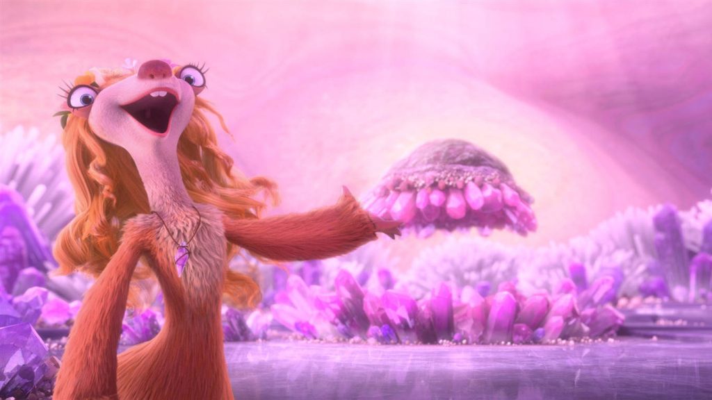Brooke the ground sloth singing in glowing pink and purple crystal landscape Ice Age wallpaper