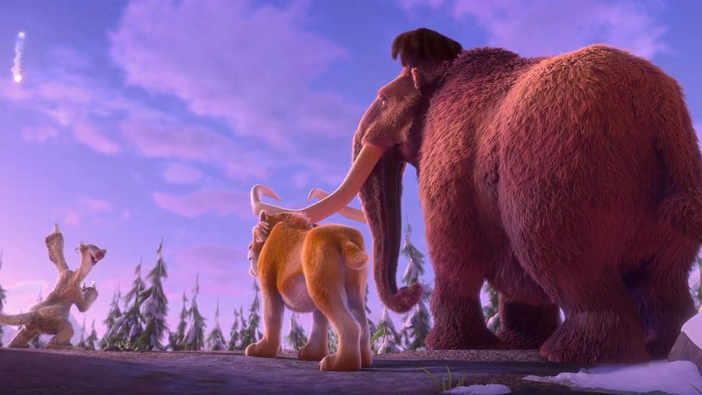 Ice Age Collision Course wallpaper Manny Diego Sid watching meteor over snowy landscape sunset