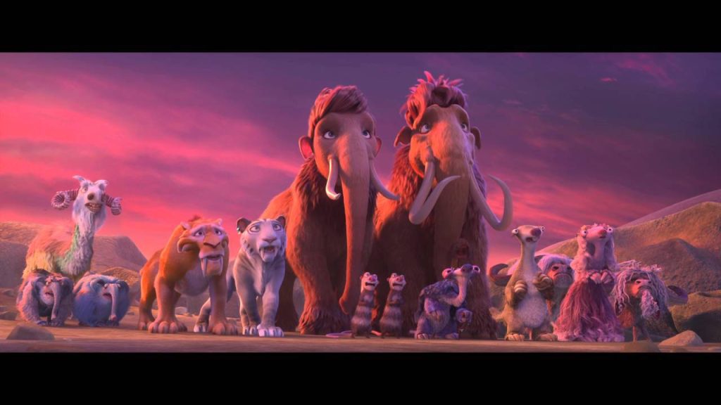 Ice Age Collision Course wallpaper featuring herd Manny Ellie Sid Diego vibrant purple sunset