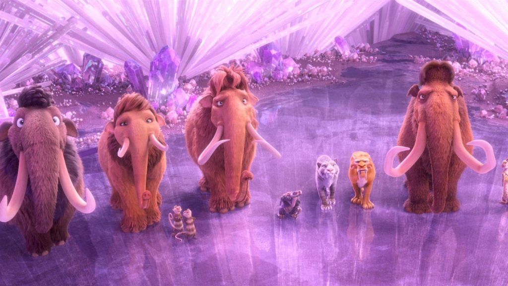 Ice Age Collision Course herd in glowing pink purple crystal cavern detailed CGI wallpaper background