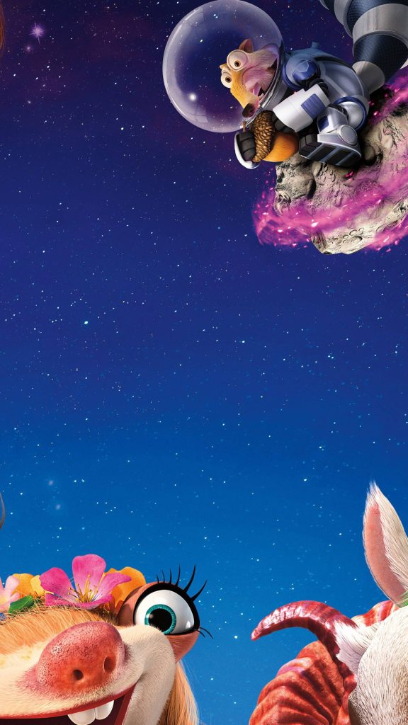 Scrat in space suit on glowing meteor with Brooke sloth starry blue cosmos Ice Age wallpaper