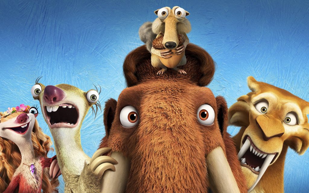 Ice Age Collision Course wallpaper with Manny Sid Diego Scrat and Brooke shocked expressions