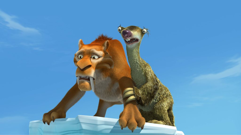 Ice Age 3D wallpaper featuring Diego the saber-toothed tiger and Sid the sloth on ice block