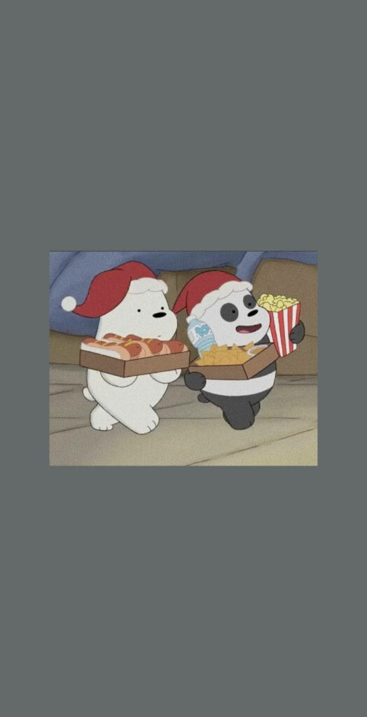 Festive Furry Duo: Ice Bear and Panda from We Bare Bears Delight in Movie Treats, Adorned with Santa Hats! Wallpaper