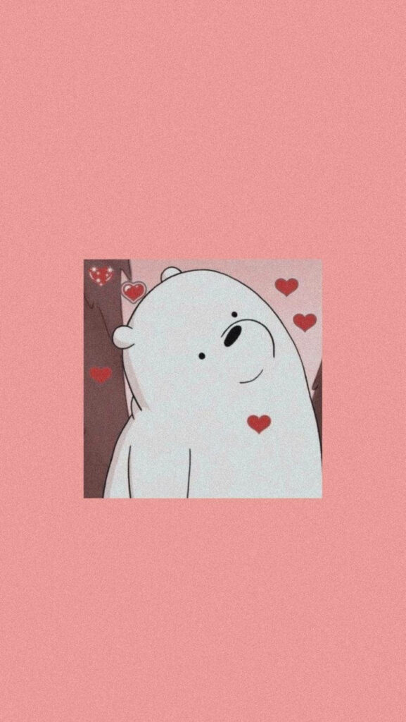 Frozen Heart: Adorable Ice Bear Cartoon Captivated by Love against a Peachy Backdrop Wallpaper