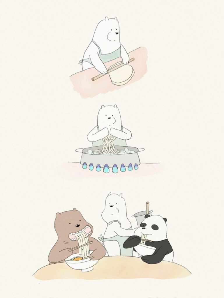 Frozen Culinary Expert: Ice Bear Delights Grizzly and Panda with Homemade Ramen Wallpaper