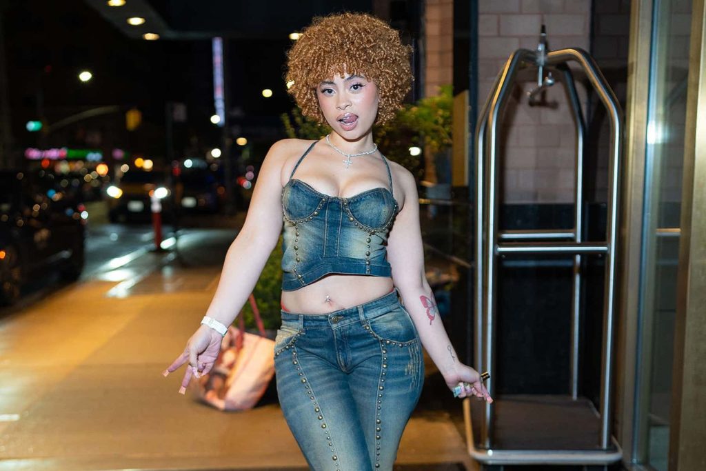 Ice Spice flash photography city night stylish studded denim curly ginger hair urban wallpaper