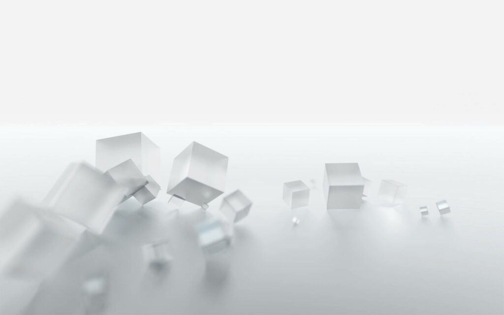 Minimalist 3D digital art with translucent ice cubes in bright white serene background wallpaper