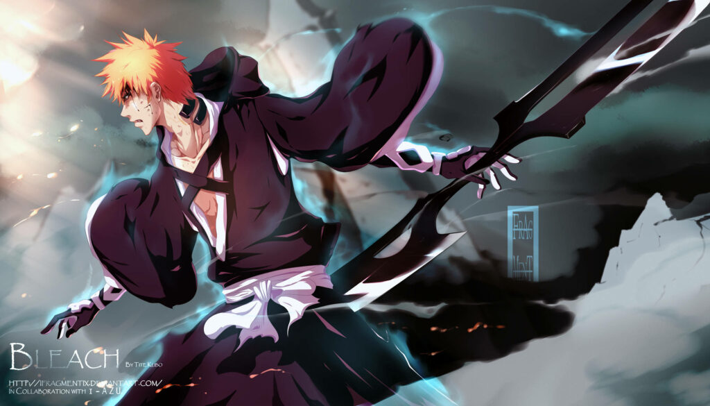 Dynamic Ichigo Art Poster: Fierce Bleach Wallpaper with Iconic Style