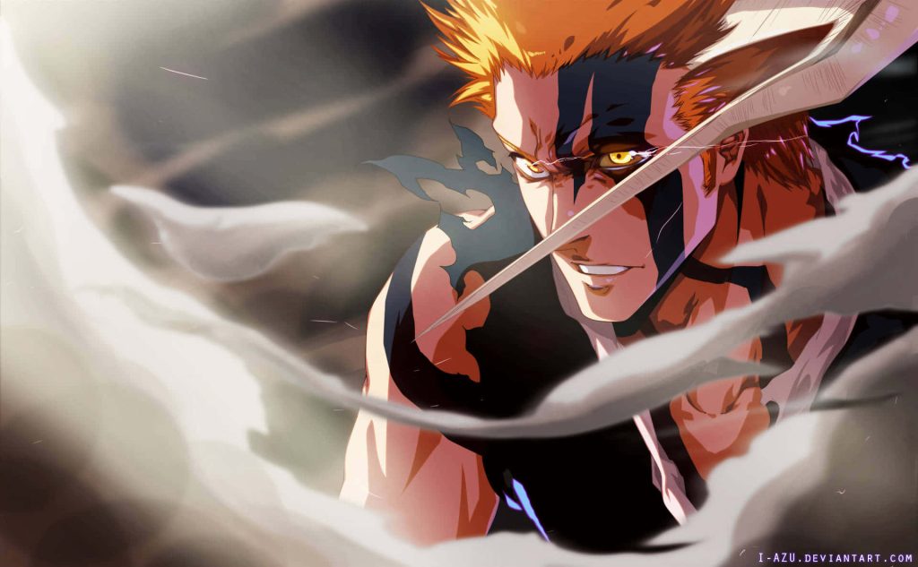 Ichigo Kurosaki fierce Hollow form glowing eyes spiky orange hair dark mask intense smoke wallpaper