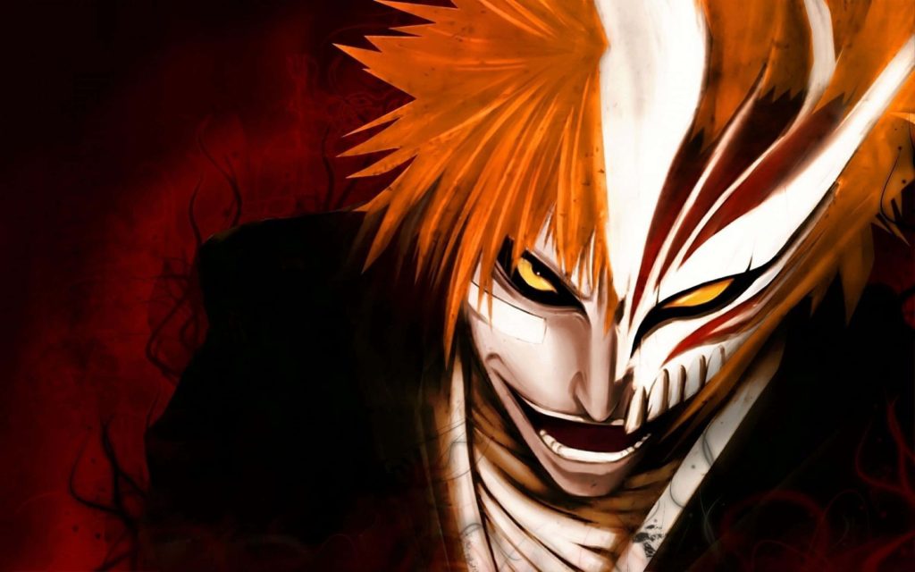 Ichigo Kurosaki Hollow Vizard mask intense yellow eyes spiky orange hair crimson anime wallpaper