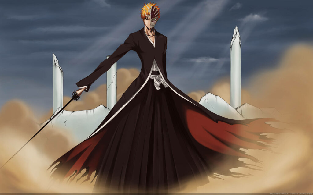 Ichigo Kurosaki Wallpaper: Fierce Anime Background with Sword & Pillars
