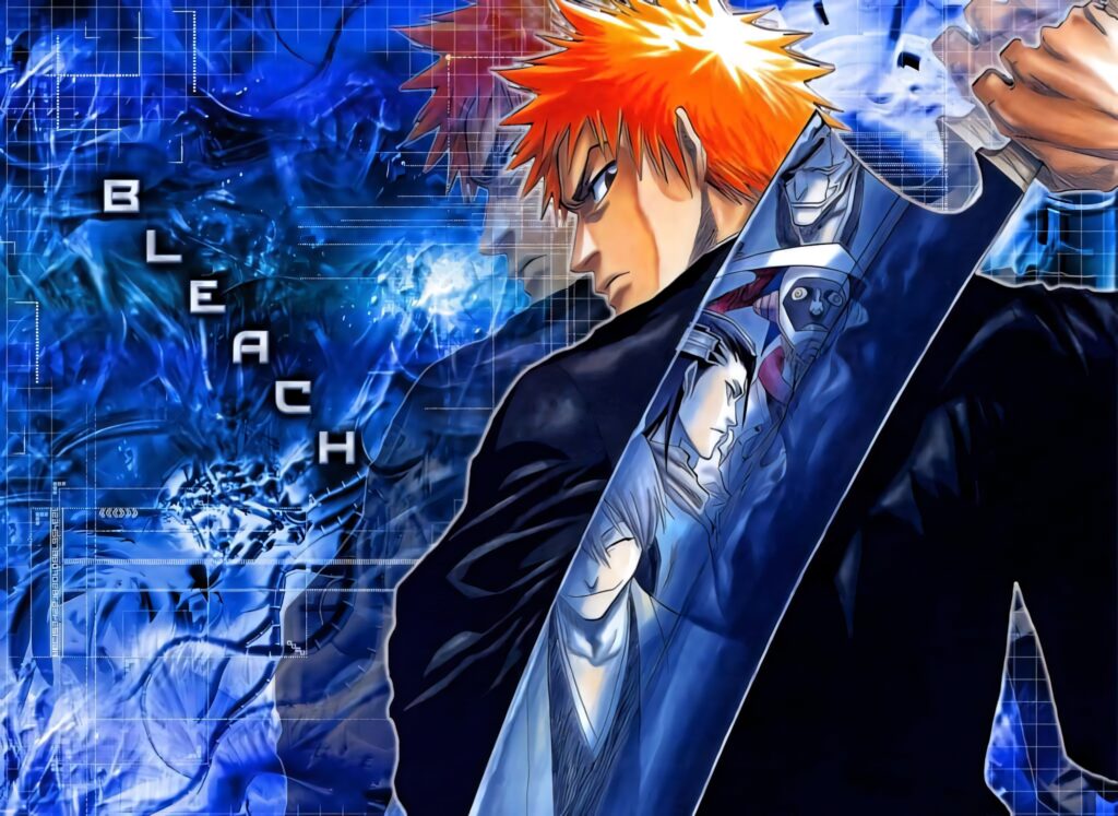 Futuristic Ichigo Kurosaki Wallpaper with Iconic Sword & Orange Hair