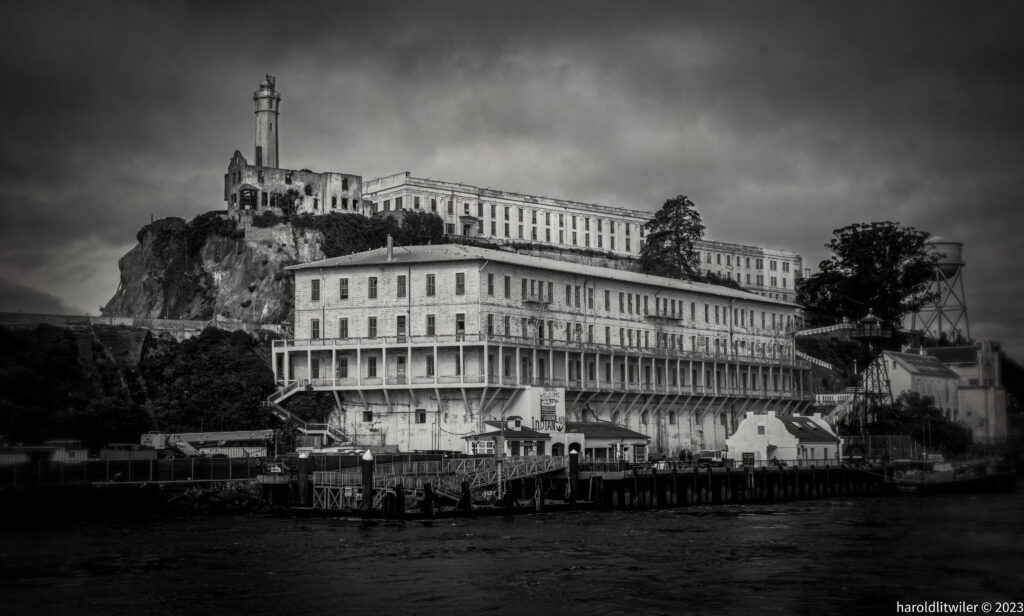 Alcatraz Island Black and White Wallpaper: Moody Historic Architecture