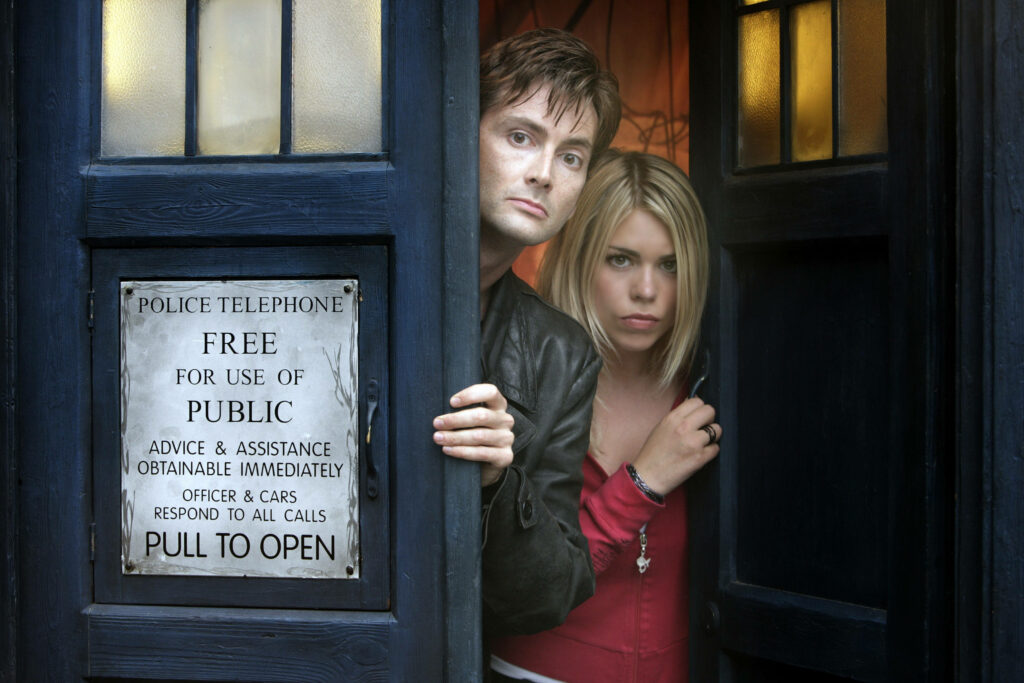 Iconic Doctor Who Characters in Classic Blue Police Box – HD Wallpaper