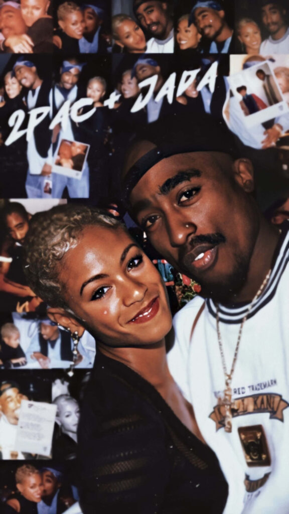 Iconic union: A mesmerizing iPhone collage featuring Tupac Shakur and Jada Pinkett Smith, capturing their lasting connection against a captivating backdrop Wallpaper