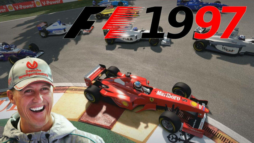 Iconic F1 Wallpaper: Michael Schumacher in Ferrari 1997 Racing Moment