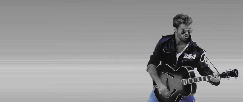 Iconic George Michael Guitar Wallpaper: Classic Leather Jacket Vibe