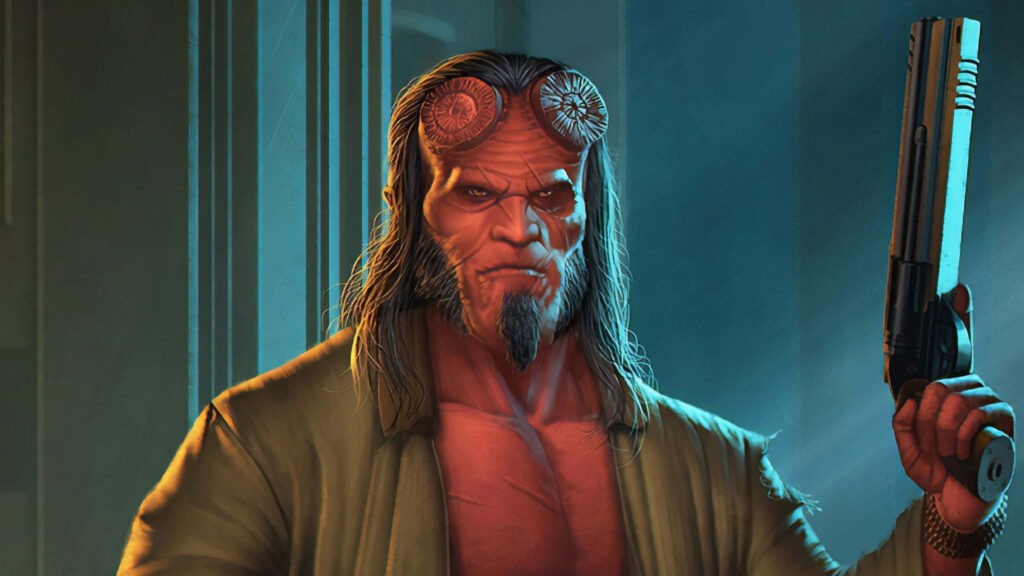 Dynamic Hellboy Wallpaper: Armed, Rugged, & Iconic with Moody Background