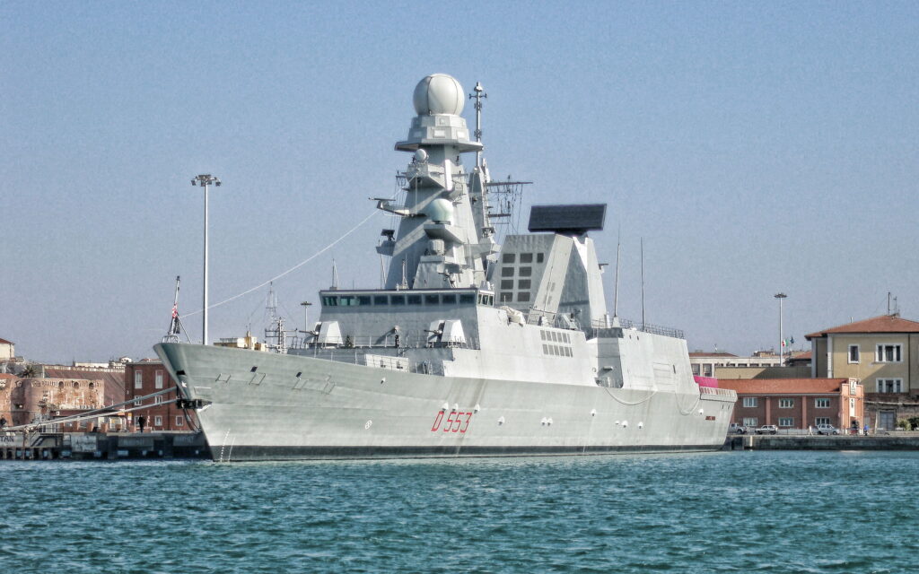 Powerful Italian Warship: A Captivating HD Wallpaper of the Andrea Doria Class Destroyer D553 in the Italian Navy