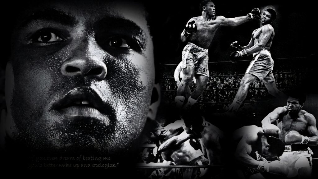 Black-and-White Wallpaper: Iconic Muhammad Ali Fight Collage