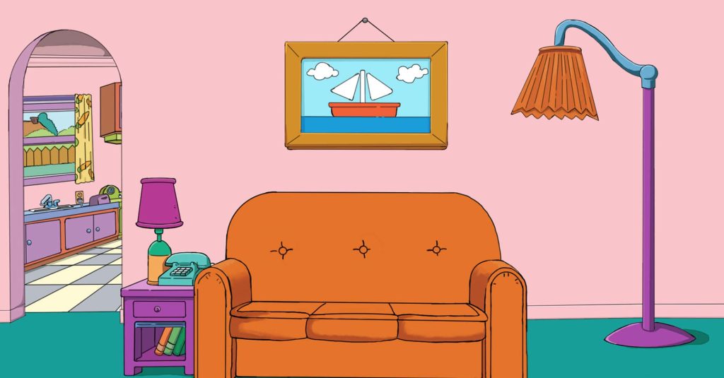 The Simpsons iconic living room wallpaper with orange couch pink walls and sailboat art background
