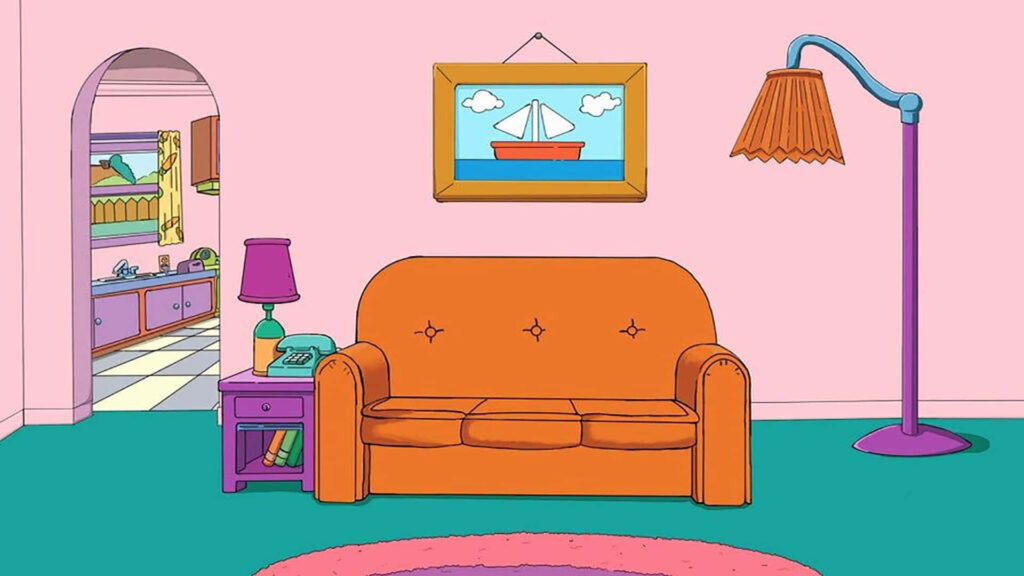Cozy Simpsons Living Room Wallpaper with Iconic Orange Couch