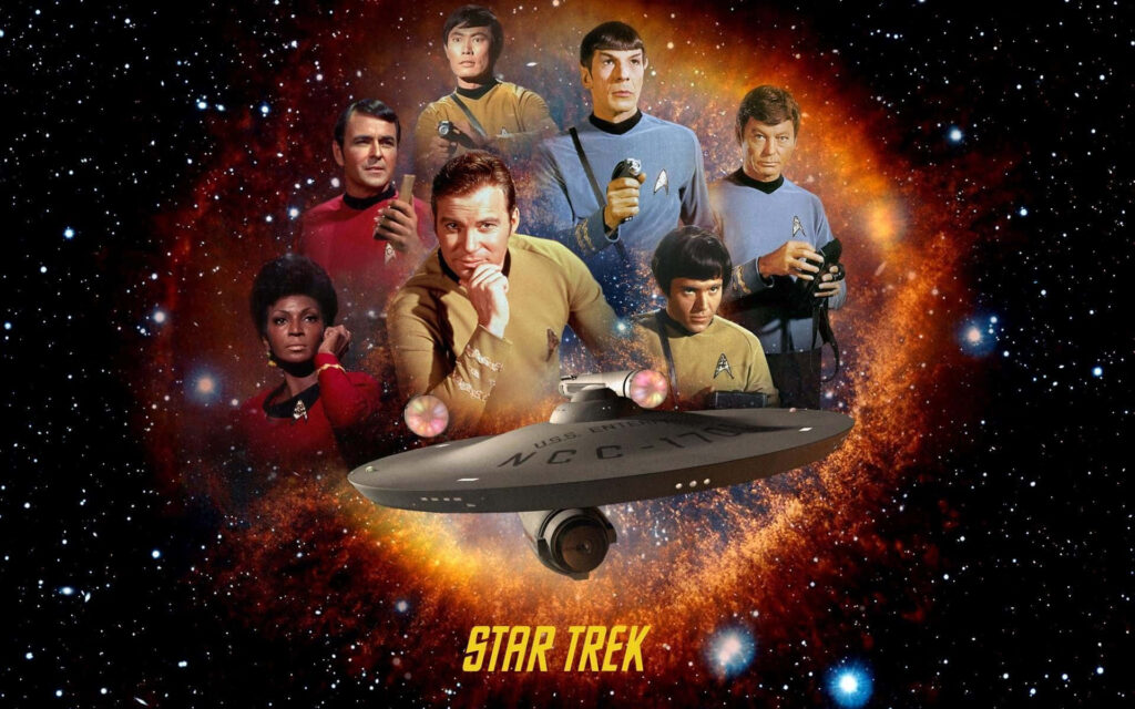 Iconic Star Trek Crew & USS Enterprise Wallpaper - Cosmic Adventure