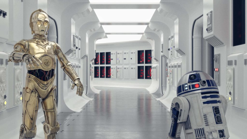 Star Wars droids C-3PO and R2-D2 in bright futuristic spaceship corridor CGI render wallpaper
