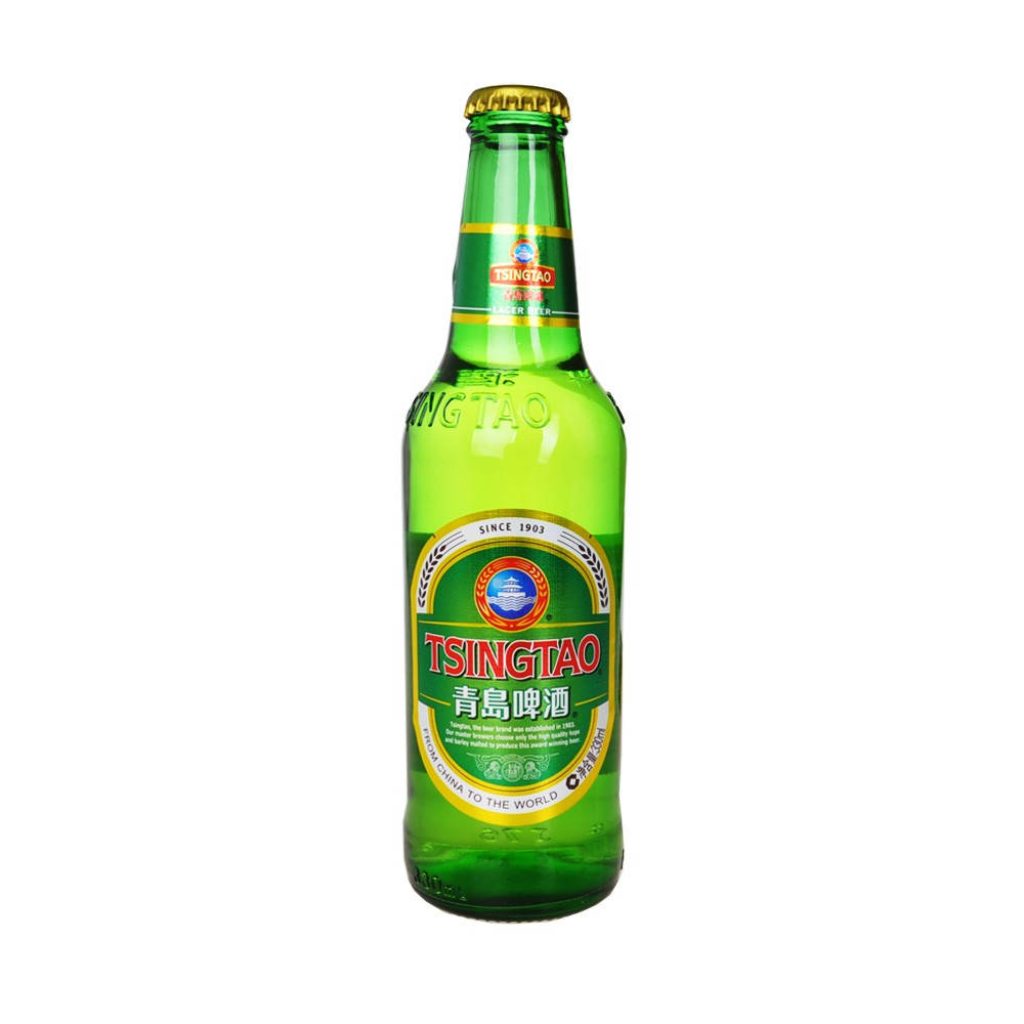 Sharp studio photo of iconic Tsingtao Beer 330ml green bottle with pagoda logo on white background Wallpaper