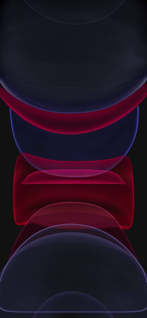 Abstract iPhone 11 wallpaper with vibrant red and blue fluid shapes on sleek black background