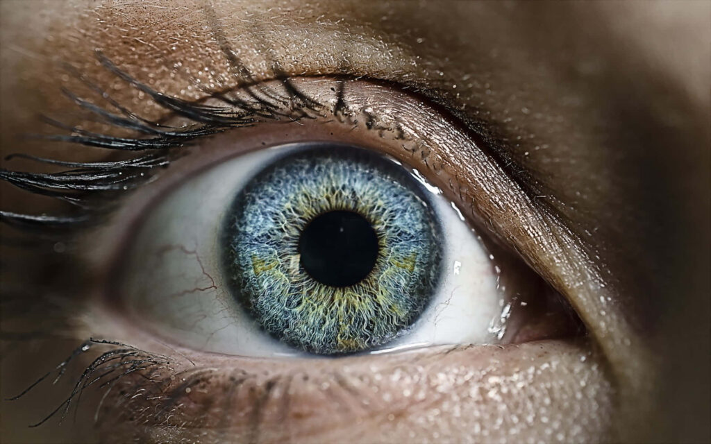 Closeup of icy blue eye with detailed iris patterns sharp eyelashes and realistic skin texture wallpaper